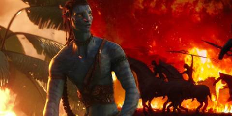 Jake looking at the blazing Pandora landscape and the fire tribe concept art in the background