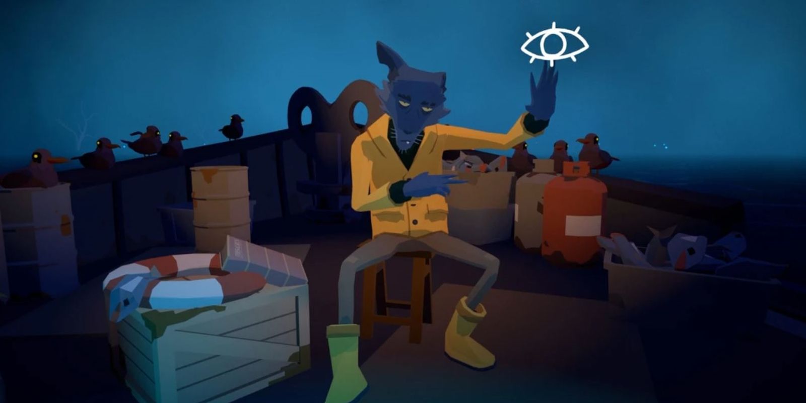 Before Your Eyes Netflix Mobile Games, showing the games guiding character on a boat teaching the player about the blink button