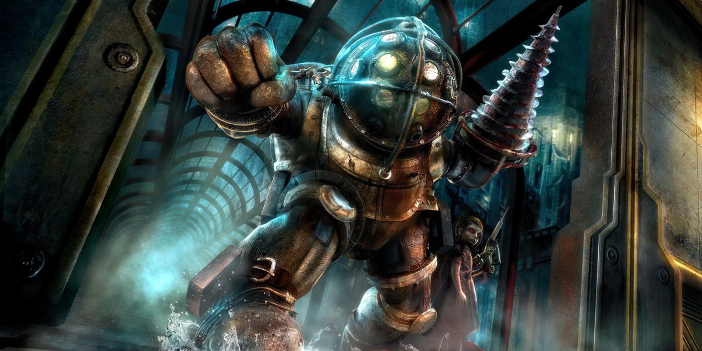 A Big Daddy and Little Sister walk down one of Rapture's flooded corridors in Bioshock