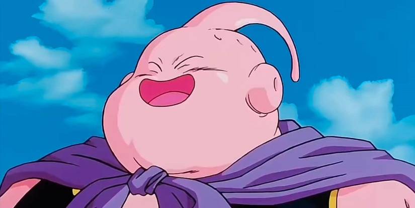 Buu from Dragon Ball laughing with a blue sky and clouds behind him.