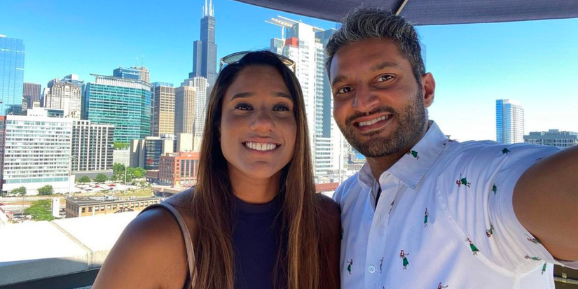 Deepti and Shake from Love Is Blind with a city background