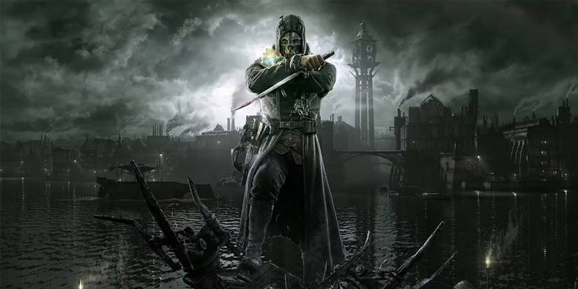 5 Best Bethesda Games To Try First 1 Corvo stands holding his sword in front of a bleak, plague-ridden steampunk, city in Dishonored's promotional art.