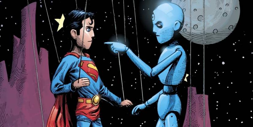 Doomsday Clock, Superman and Doctor Manhattan as puppets on strings