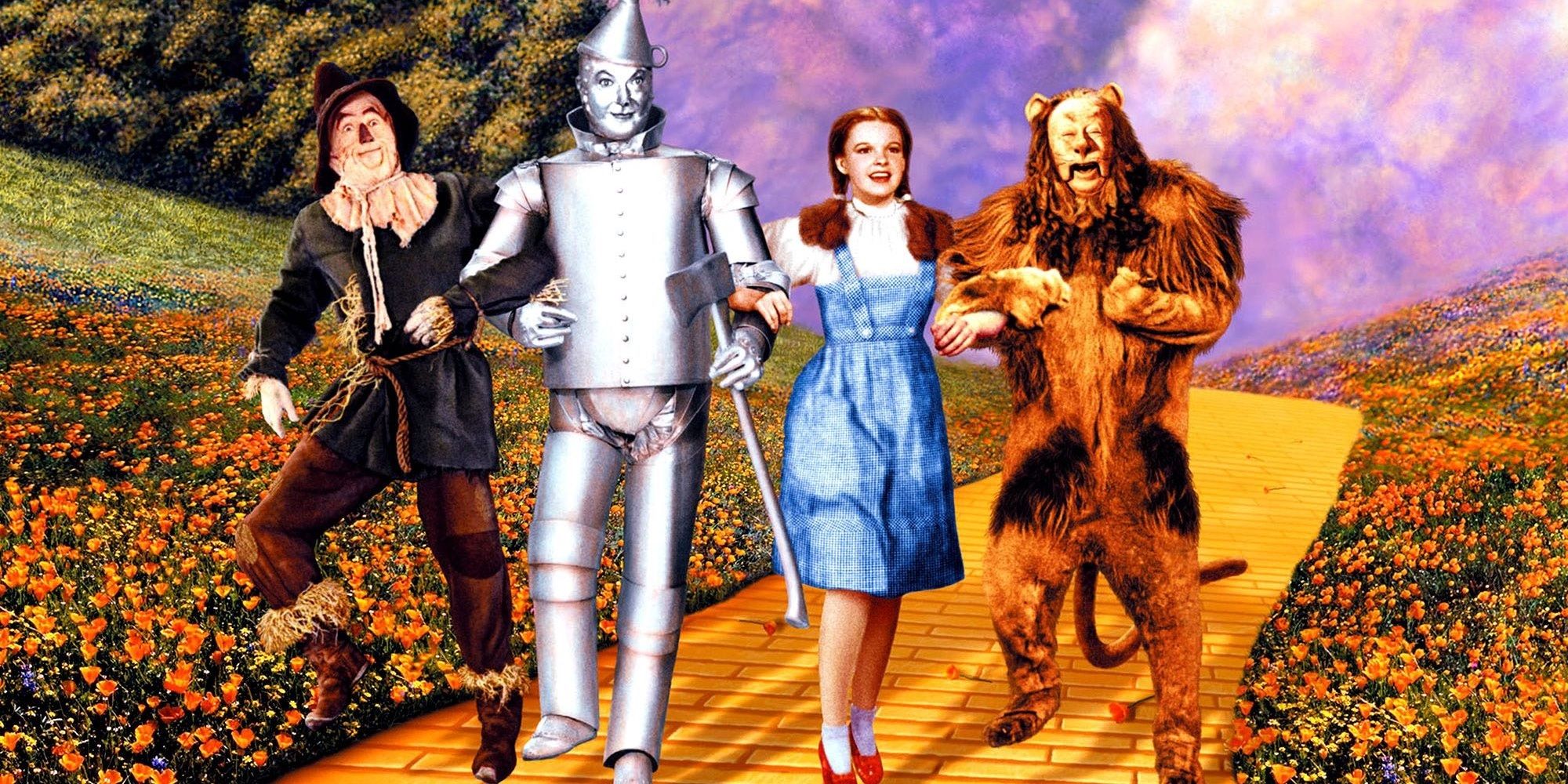 Dorothy and her friends walk down the yellow brick road in The Wizard of Oz