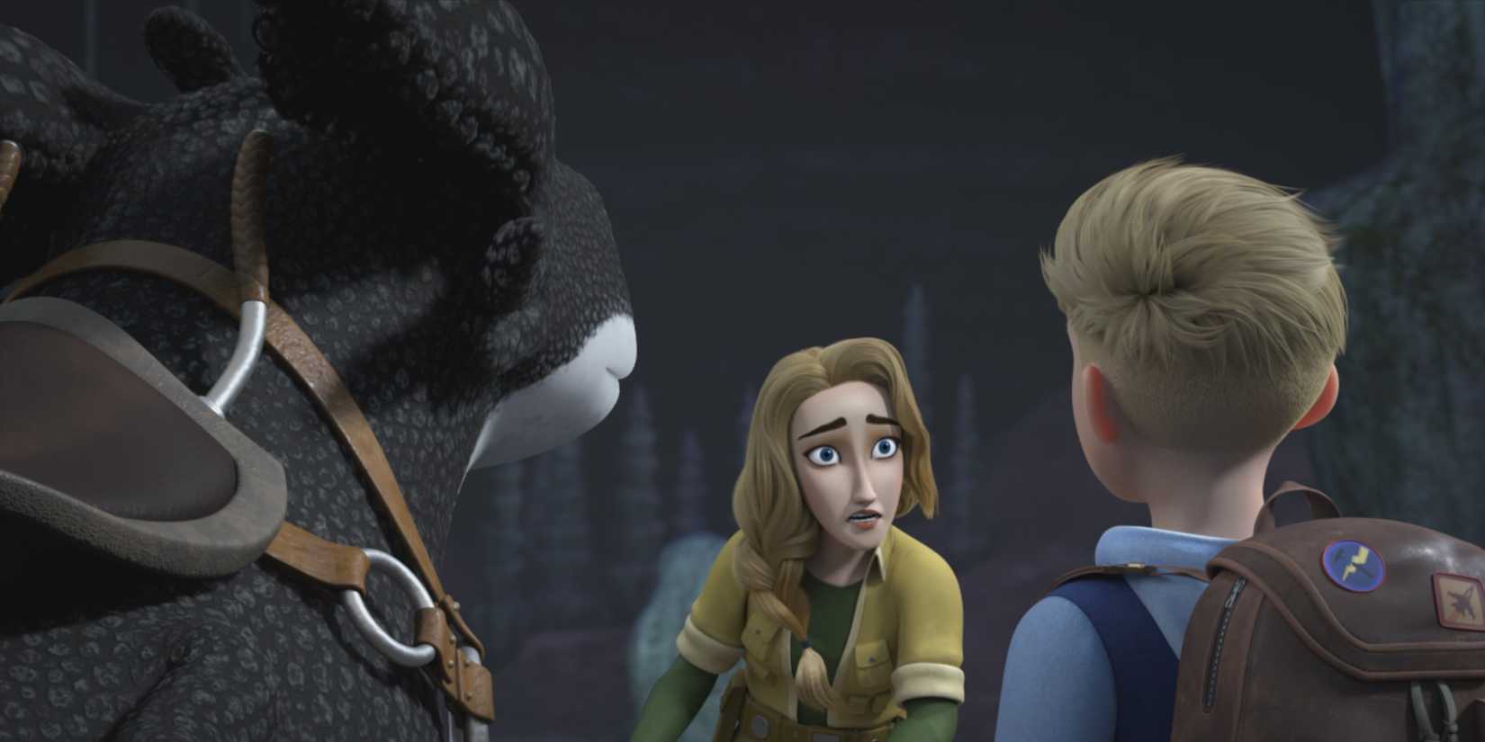 A young man staring at a boy and a dragon in Dragons: The Nine Realms
