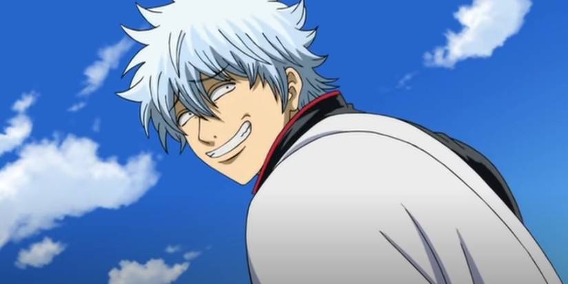 Gintoki smirking in a screenshot from the anime while looking behind his shoulder.