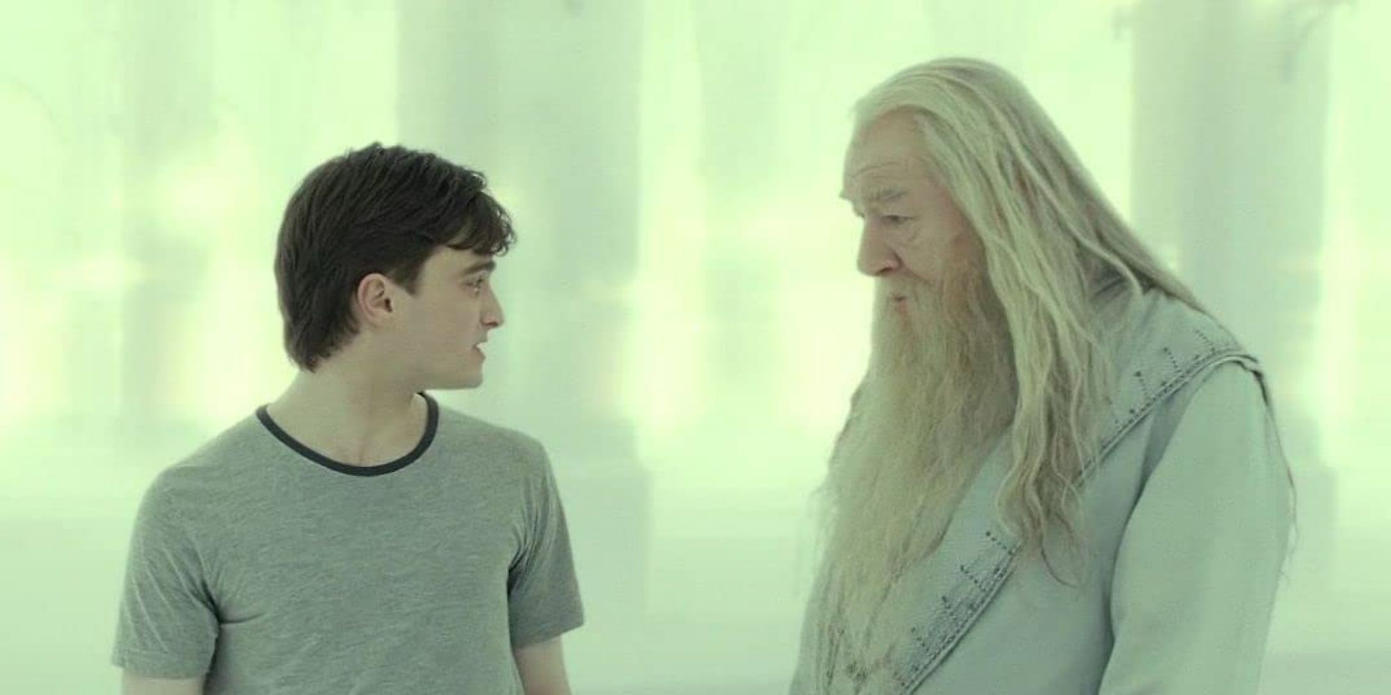 Daniel Radcliffe as Harry and Michael Gambon as Dumbledore in Kings Cross purgatory In Harry Potter and the Deathly Hallows Part 2