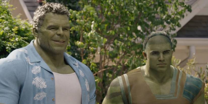 Smart Hulk (Mark Ruffalo) smiles and Skaar (Wil Deusner) looks serious in She-Hulk finale
