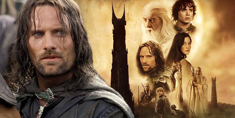 A composite image of Aragorn with the poster for Lord of the Rings The Two Towers 