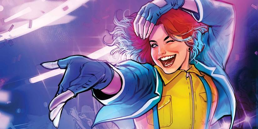 Mutant Escapade dancing against a blue and purple backdrop.