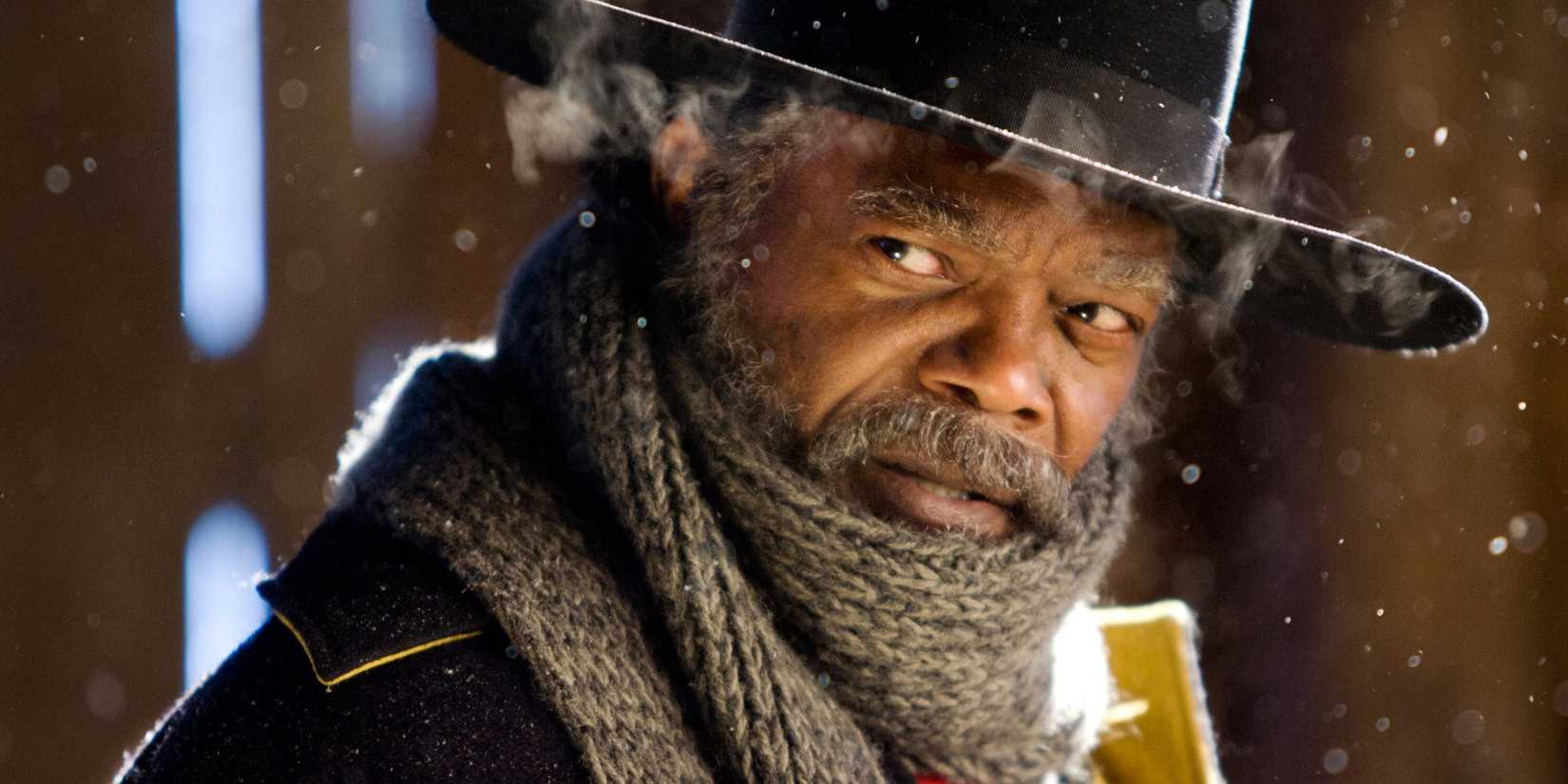 Samuel L. Jackson as Major Warren looking off-screen in The Hateful Eight