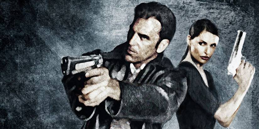 Max Payne points his gun off screen, Mona Sax stands back to back with him with her gun pointed upwards in Max Payne 2's loading screen art