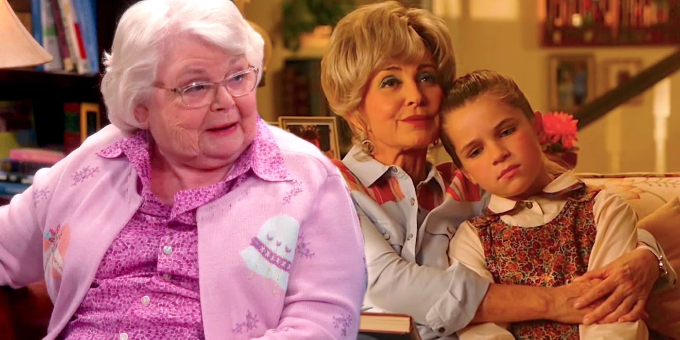 Annie Potts' Meemaw embracing Missy beside an image of June Squibb's in The Big Bang Theory