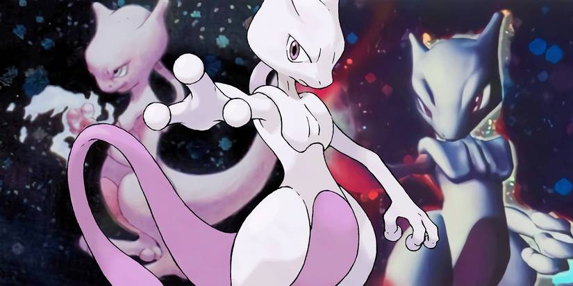Official character art of Mewtwo in front of two artworks from the Pokémon's cards, both of which show Mewtwo on a cosmic background.