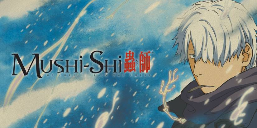 Mushi-Shi's Ginko smoking a cigarette in a snow storm with the series' logo.