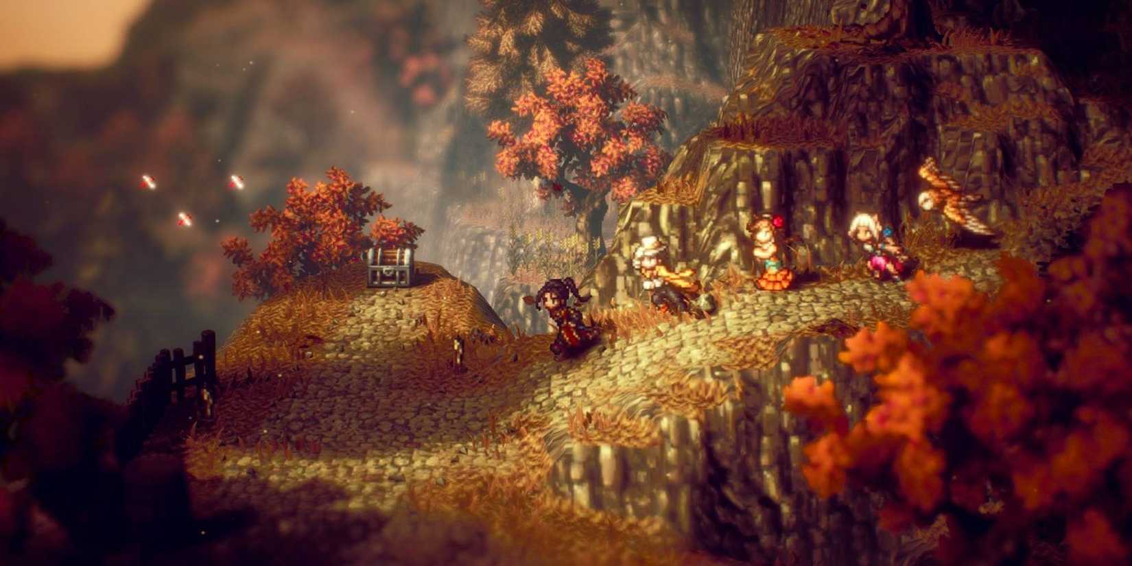 Octopath Traveler 2 Wandering Woods Location Close to Nameless Village with Hikari Leading Party.