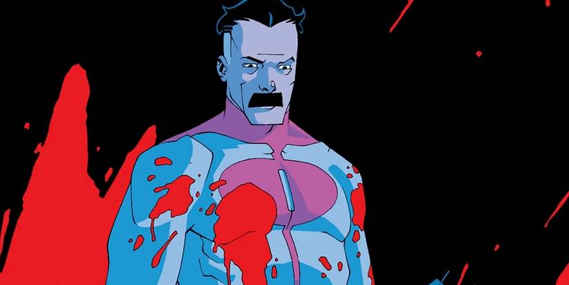 comic book version of Omni-Man, splattered with blood