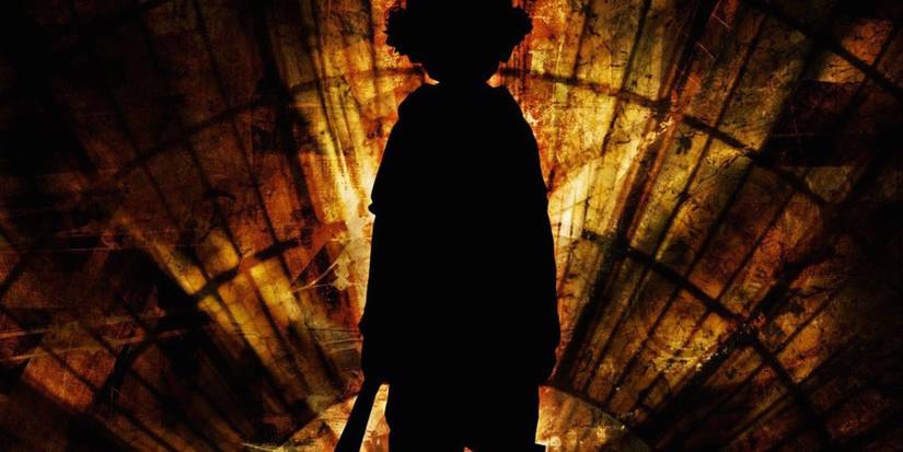 Paranoia Agent's Lil' Slugger silhouetted in front of a stained-glass window.