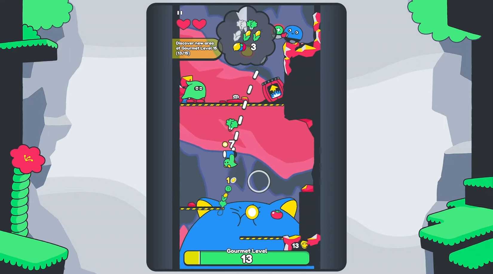 Poinpy Netflix Games screenshot showing how the character can bounce upward through the levels avoiding monsters and collecting fruits and vegetables to feed the cat