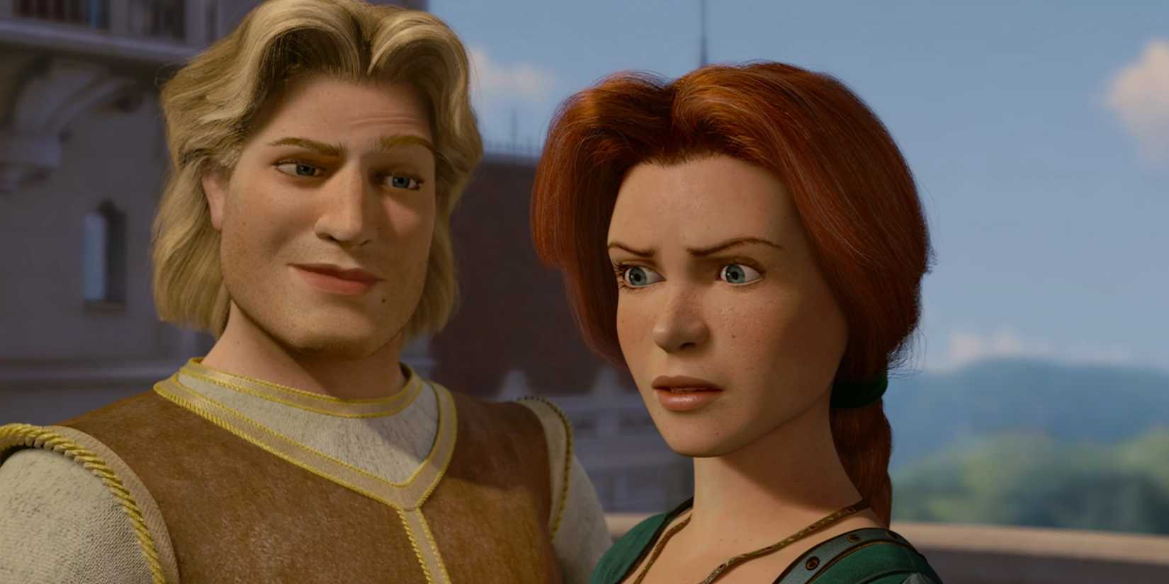 Fiona parece perturbada enquanto o Príncipe Encantado observa em Shrek 2