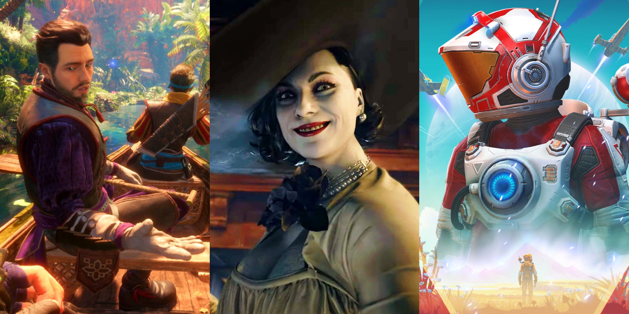 A vertically split image showing characters from three PlayStation VR 2 games - from left to right: Horizon Call of the Mountain, Resident Evil Village, and No Man's Sky.