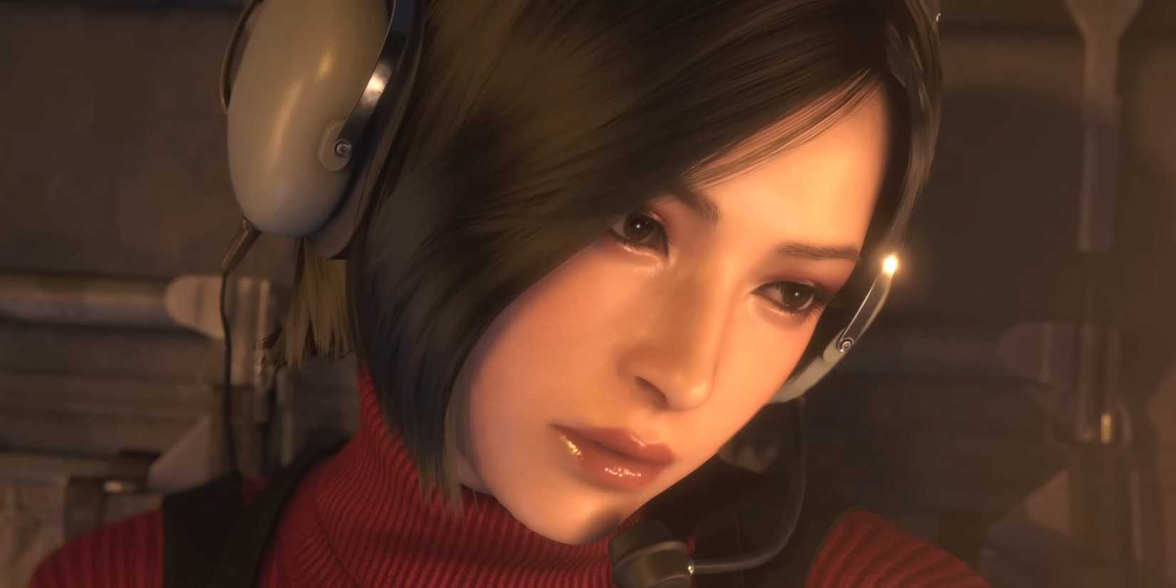 Ada Wong piloting a helicopter at the end of Resident Evil 4's remake, wearing a headset with a boom microphone.