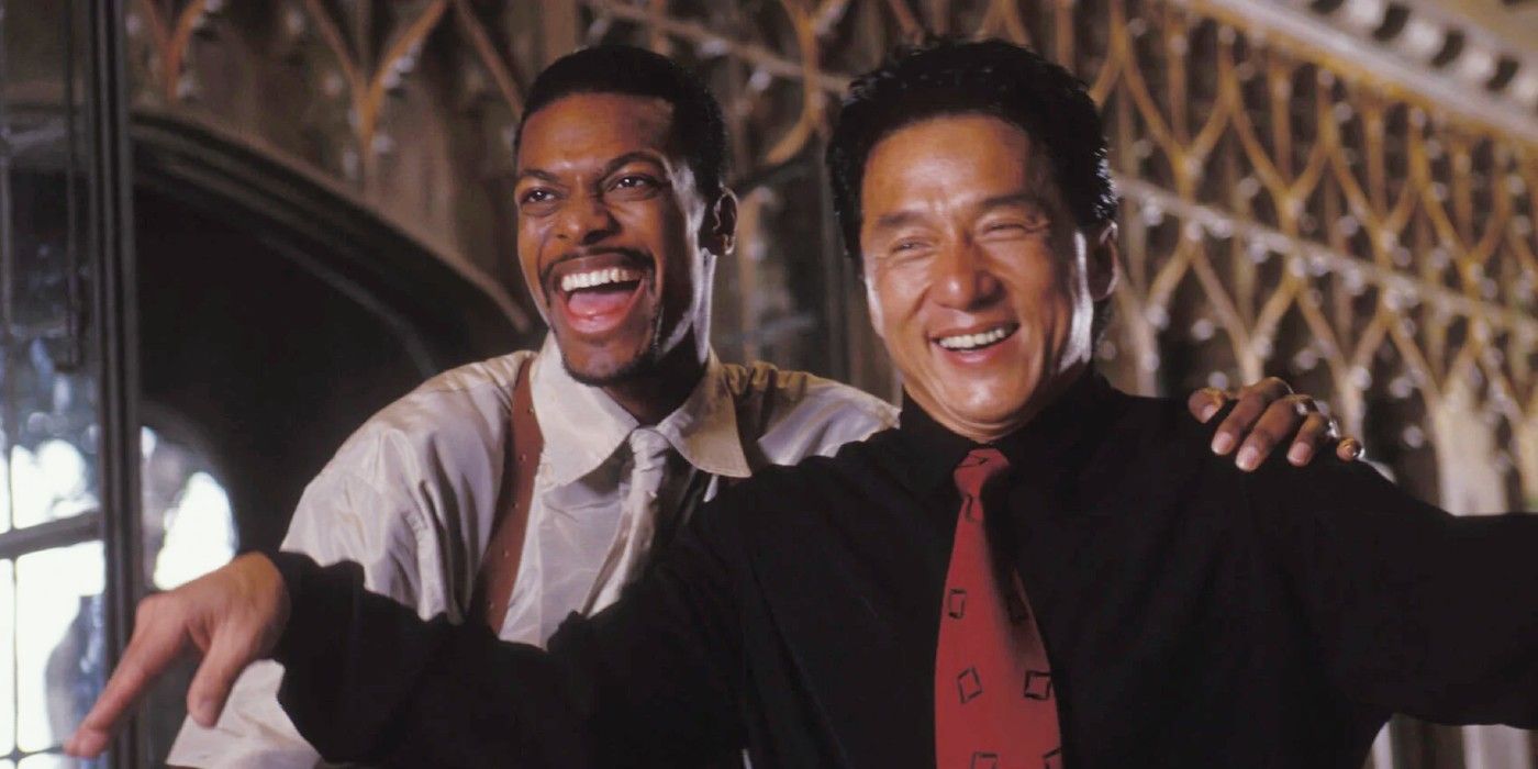 Chris Tucker putting his arm around Jackie Chan in Rush Hour