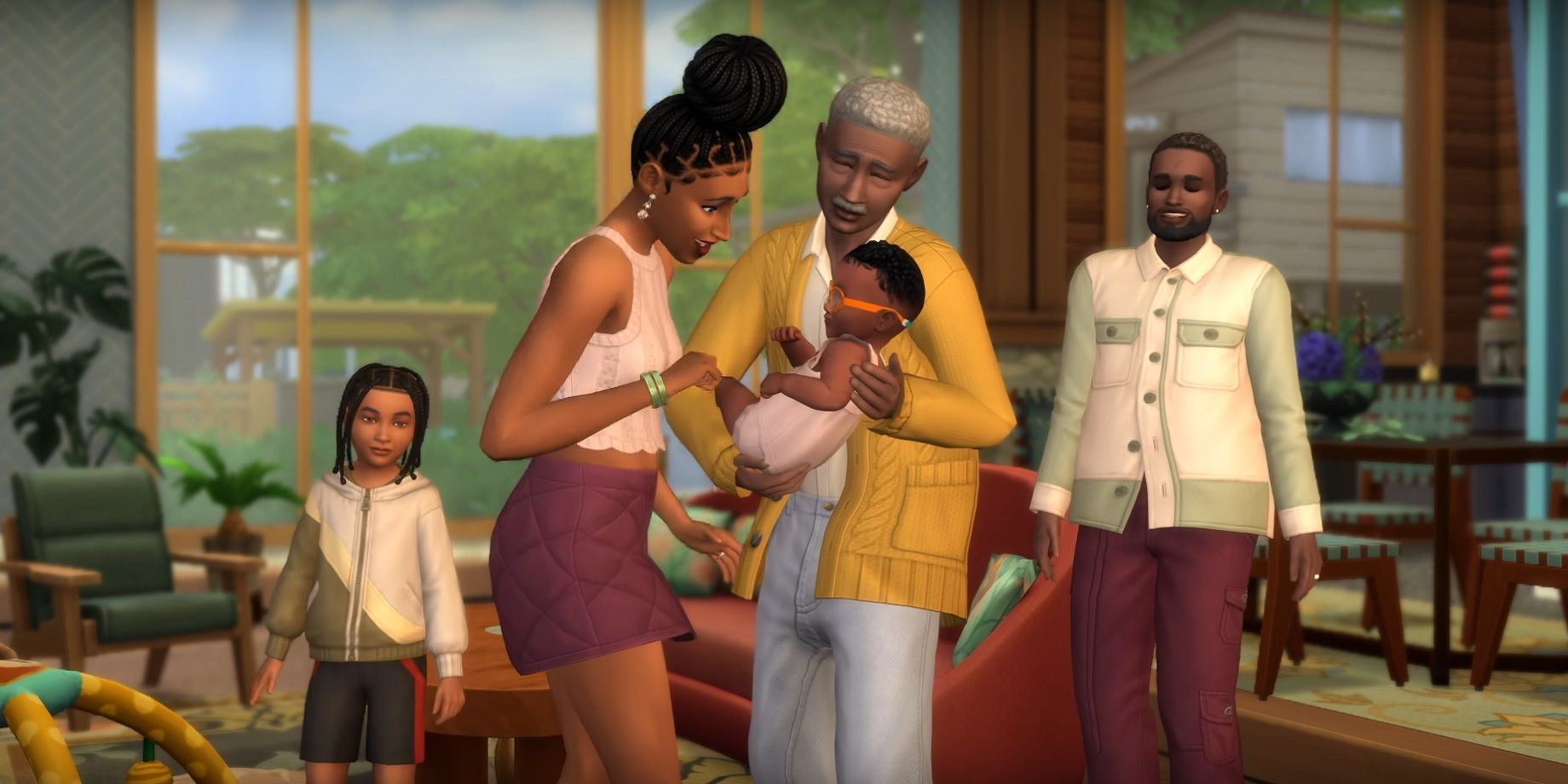 Uma família feliz no Sims 4 com um bebê