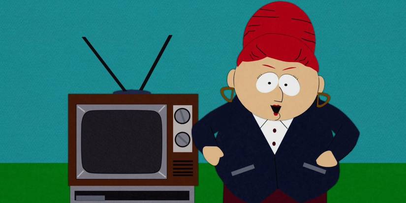Sheila Broflovski stands next to a TV in South Park