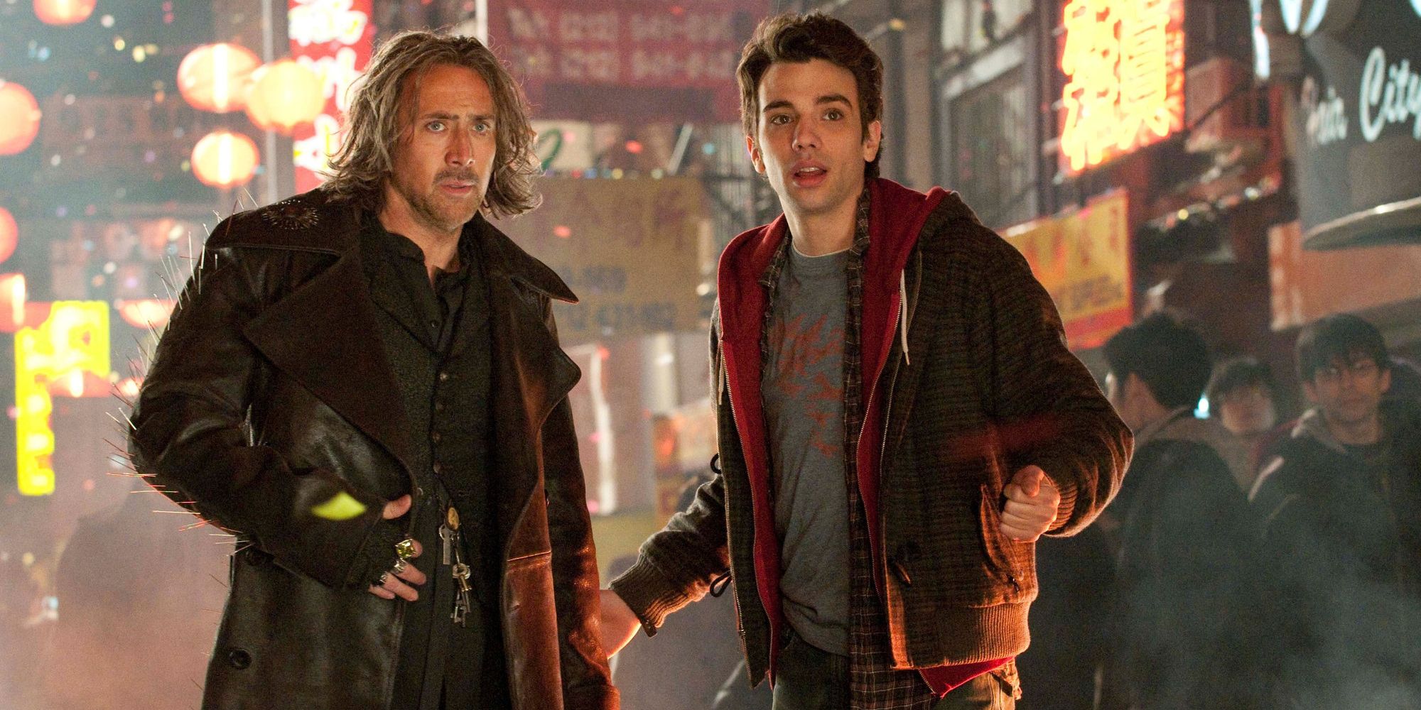 Nicolas Cage as Balthazar Blake and Jay Baruchel as Dave Stutler in the Street in The Sorcerer's Apprentice