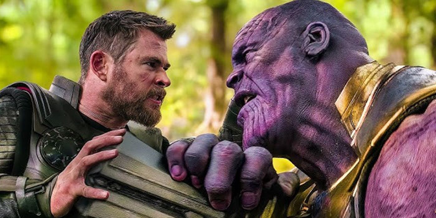 Thor pushes Stormbreaker into Thanos' chest in Avengers: Infinity War