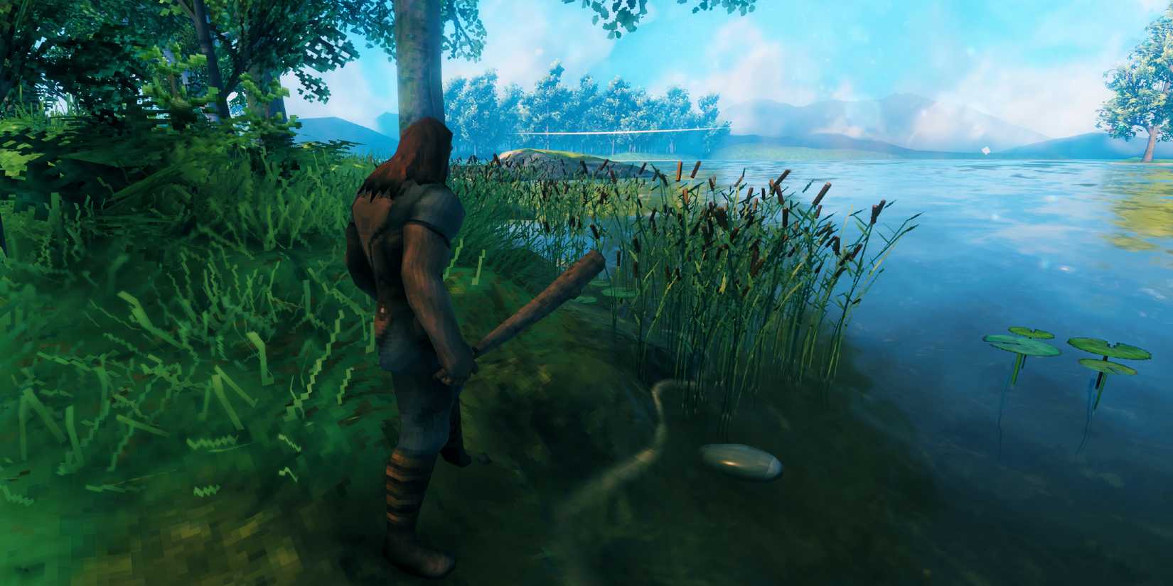 Valheim Male Player Looking At Submerged Flint On Shoreline