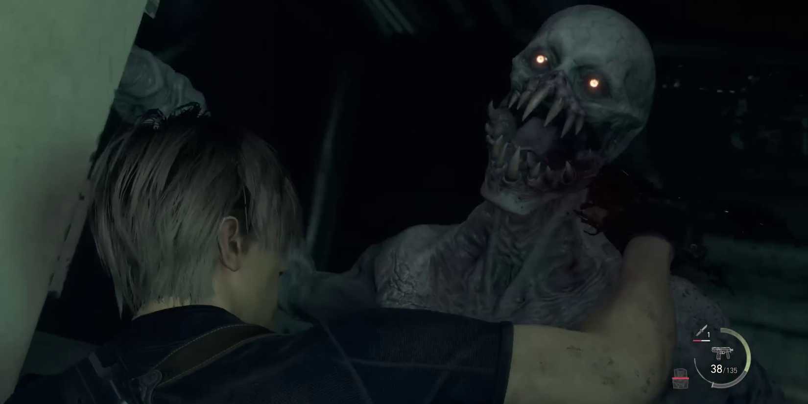 Leon stabs a Regenerator, with glowing eyes and crooked fangs, in the neck in the Resident Evil 4 remake