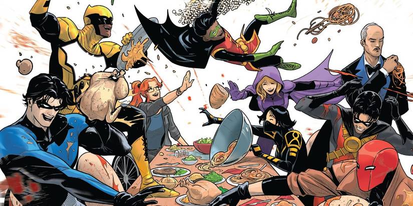 A Bat-família em uma guerra de comida da capa de Wayne Family Adventures