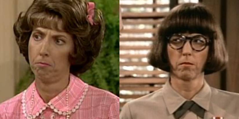A split image of Beverly Archer Mama's Family dressed in pink and wearing glasses in Major Dad