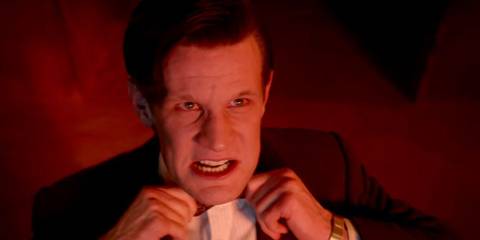 Matt Smith as the Doctor, tightening his bow tie while delivering an epic speech in Doctor Who The Rings of Akhaten