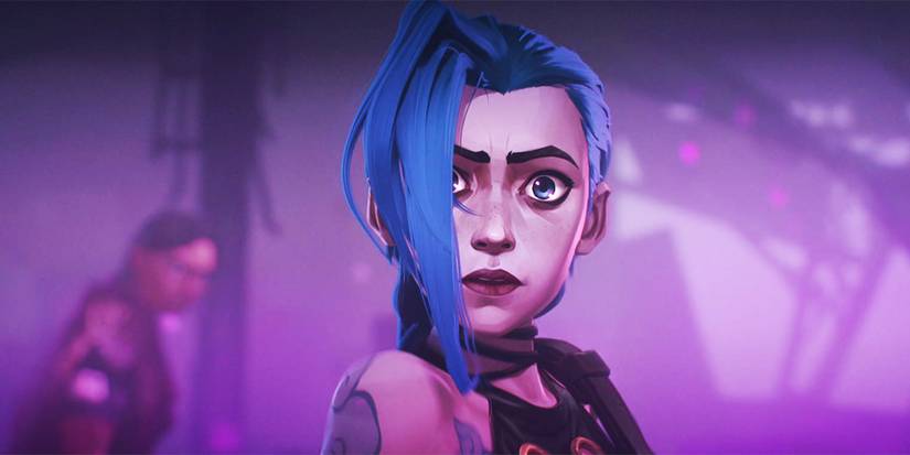 Jinx (Ella Punrell) looks scared in Arcane season 1 episode 4 in front of a purple backdrop
