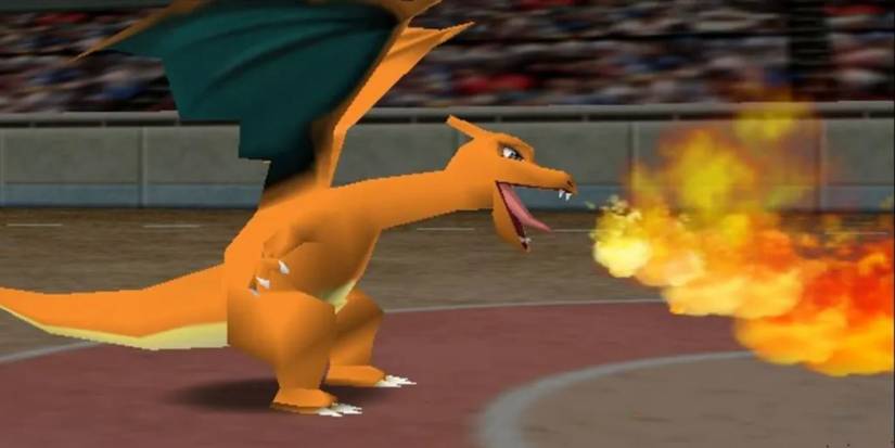 Charizard in Pokemon Stadium, breathing fire.