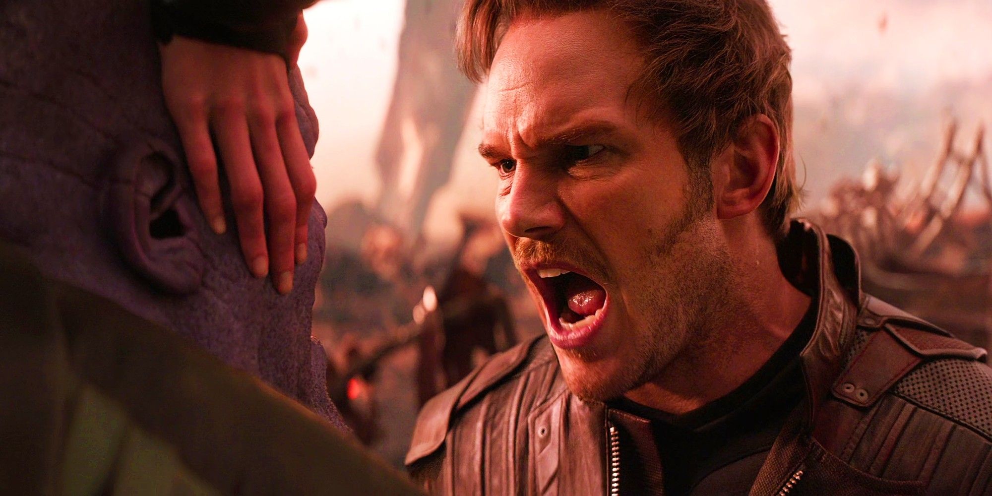 Chris Pratt as Star-Lord yelling at Thanos in Avengers Infinity War