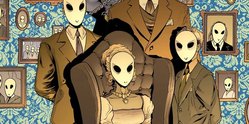 Comic book art: a Court of Owls family in white owl masks pose against a wall of pH๏τos.