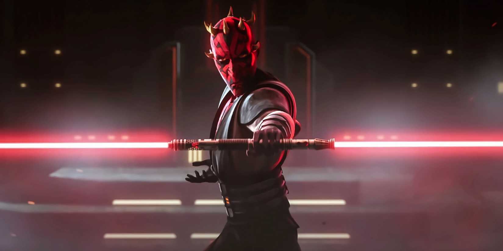 Darth Maul stands ready to fight with his duel bladed lightsaber ignited in The Clone Wars