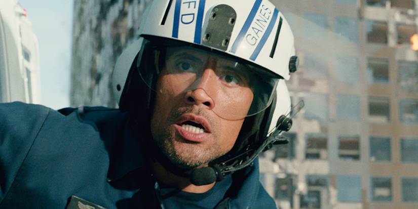 Dwayne Johnson as Raymond "Ray" Gaines looking shocked while flying a helicopter in San Andreas