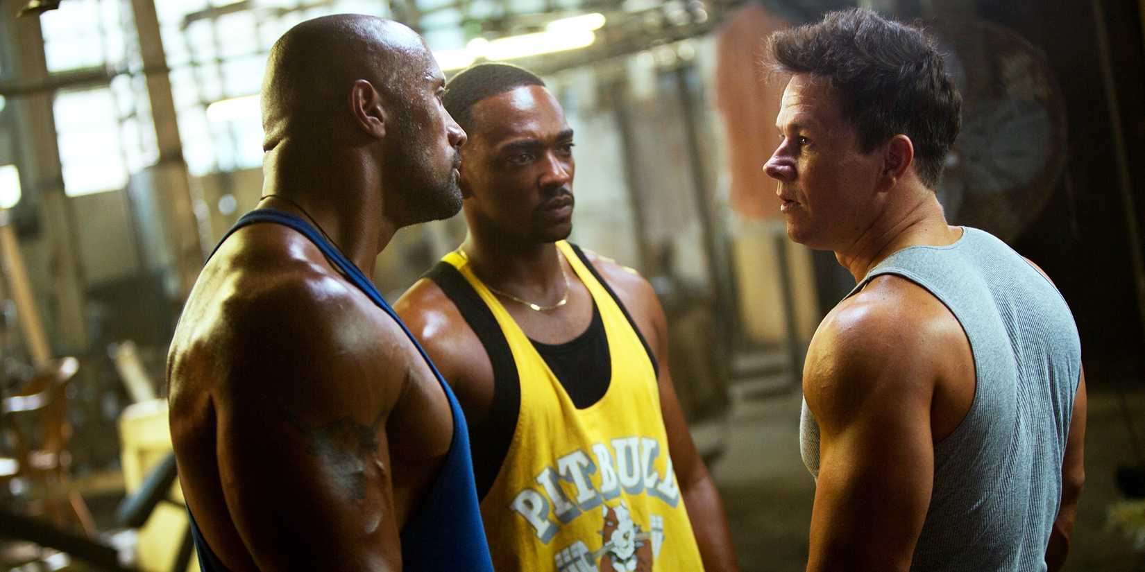 Mark Wahlberg, Dwayne Johnson e Anthony Mackie em Pain & Gain.