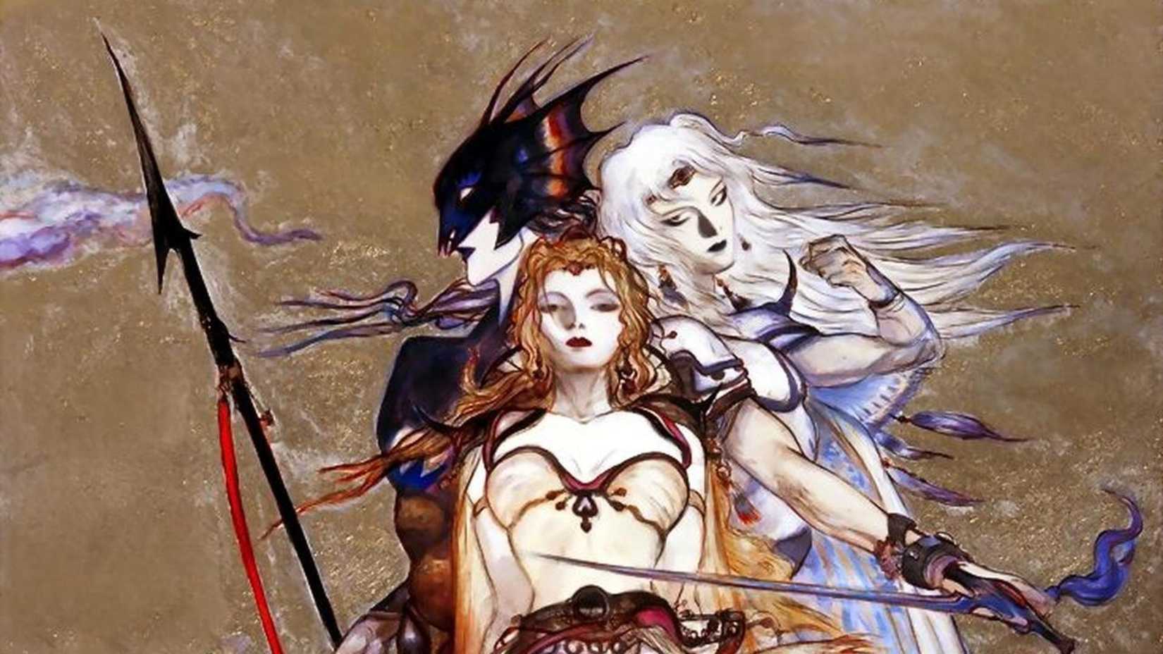 Yoshitaka Amano's art for Final Fantasy 4, showing three characters leaning their backs on each other.