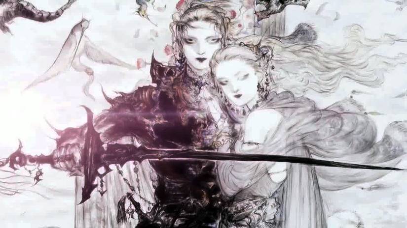 Yoshitaka Amano's artwork for Final Fantasy 5, showing a character wielding a sword in a protective stance as another character lies their face gently on the first character's chest.