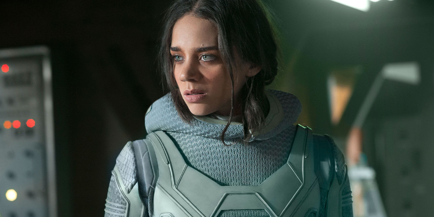 hannah john kamen as ava starr ghost in Ant-Man 2 looking off-screen in her suit