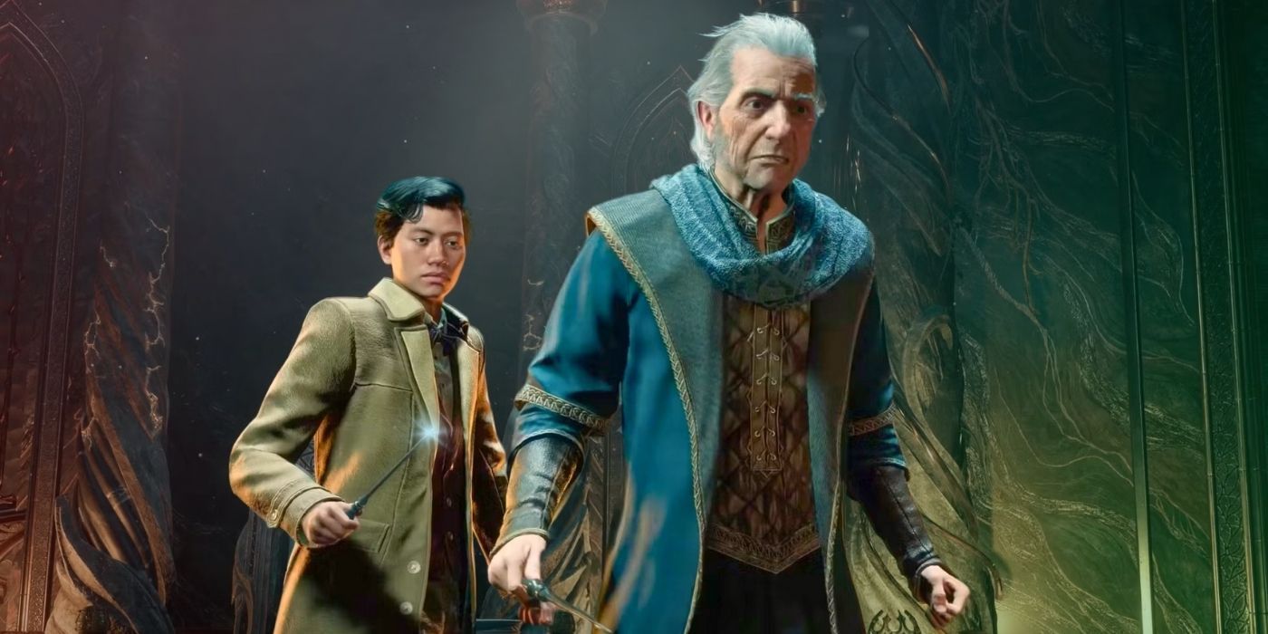 An image of Professor Fig and the player looking concerned at something off screen in Hogwarts Legacy. The left side of the background has a red tint and the right has a green tint.