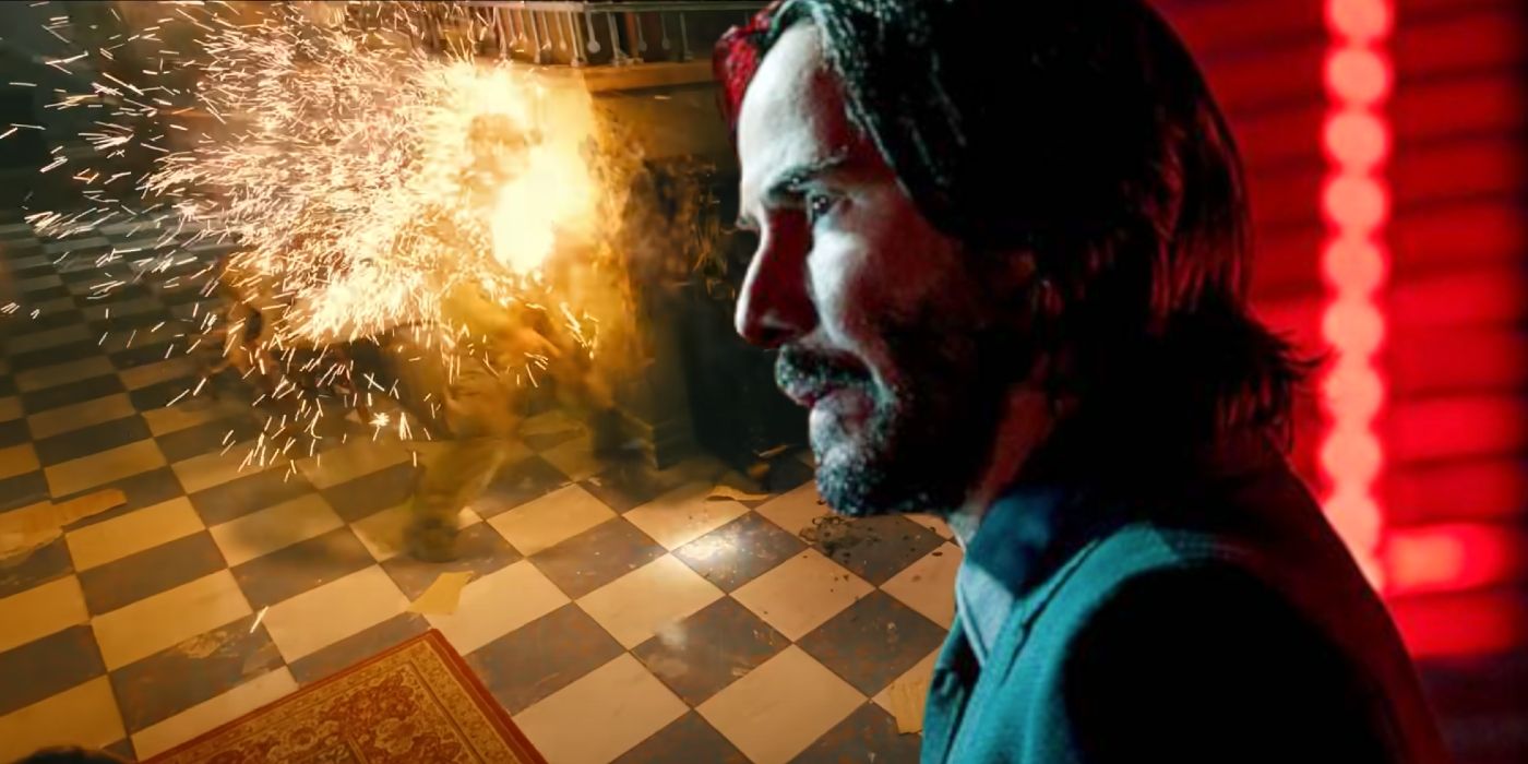 Custom image of Keanu Reeves and a man being hit with a Dragon's Breath round in John Wick: Chapter 4.