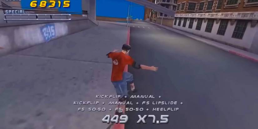 Skater performs a combo while skating down a deserted sidewalk