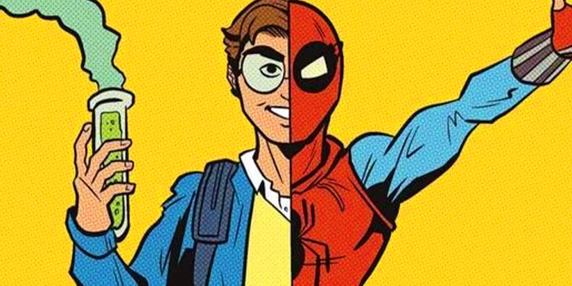 Your Friendly Neighborhood Spider-Man image of Peter Parker with half of him in his civilian form and half as spider-man